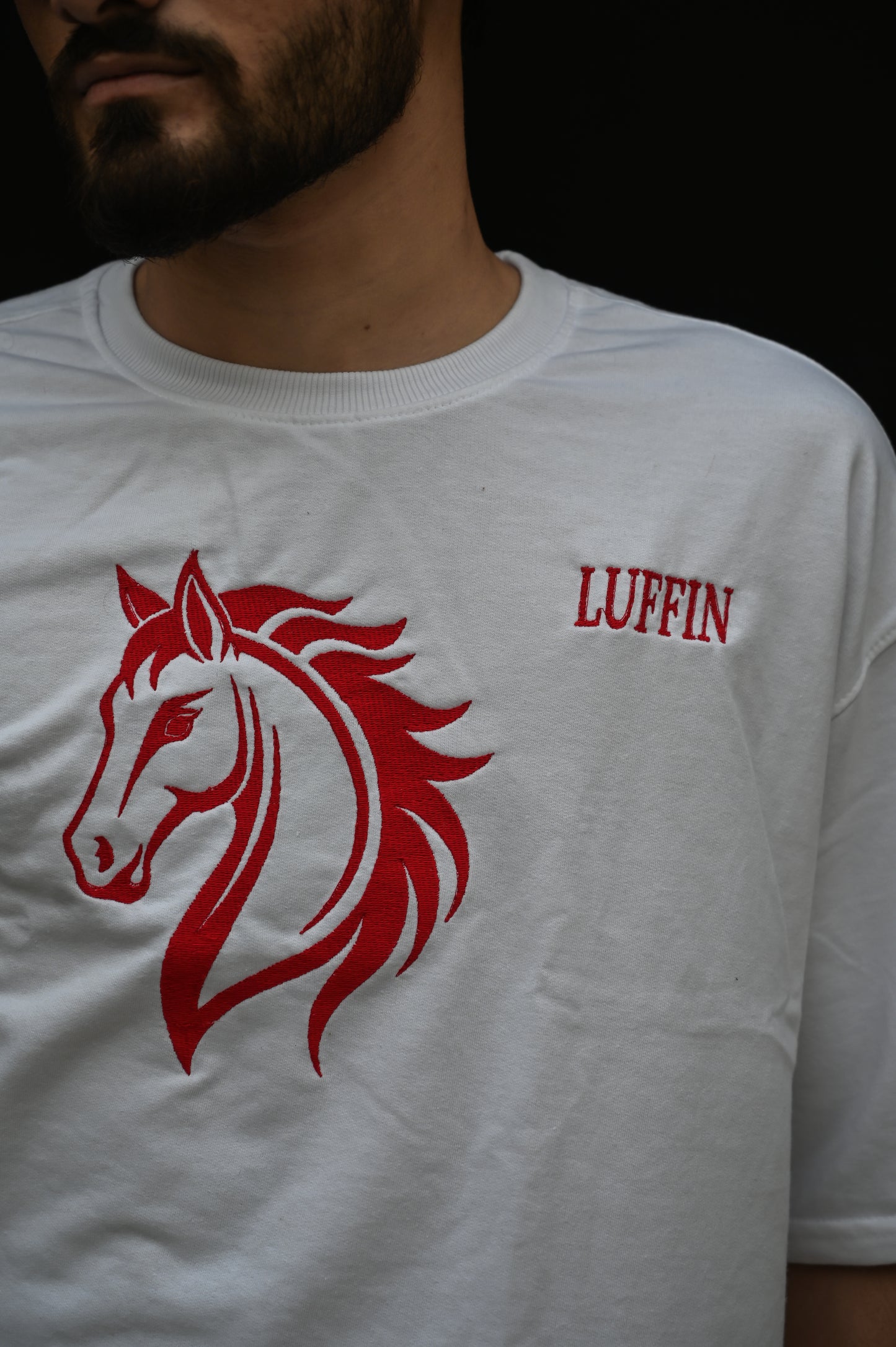Oversized White T-Shirt – Bold Horse Stitch & Branding