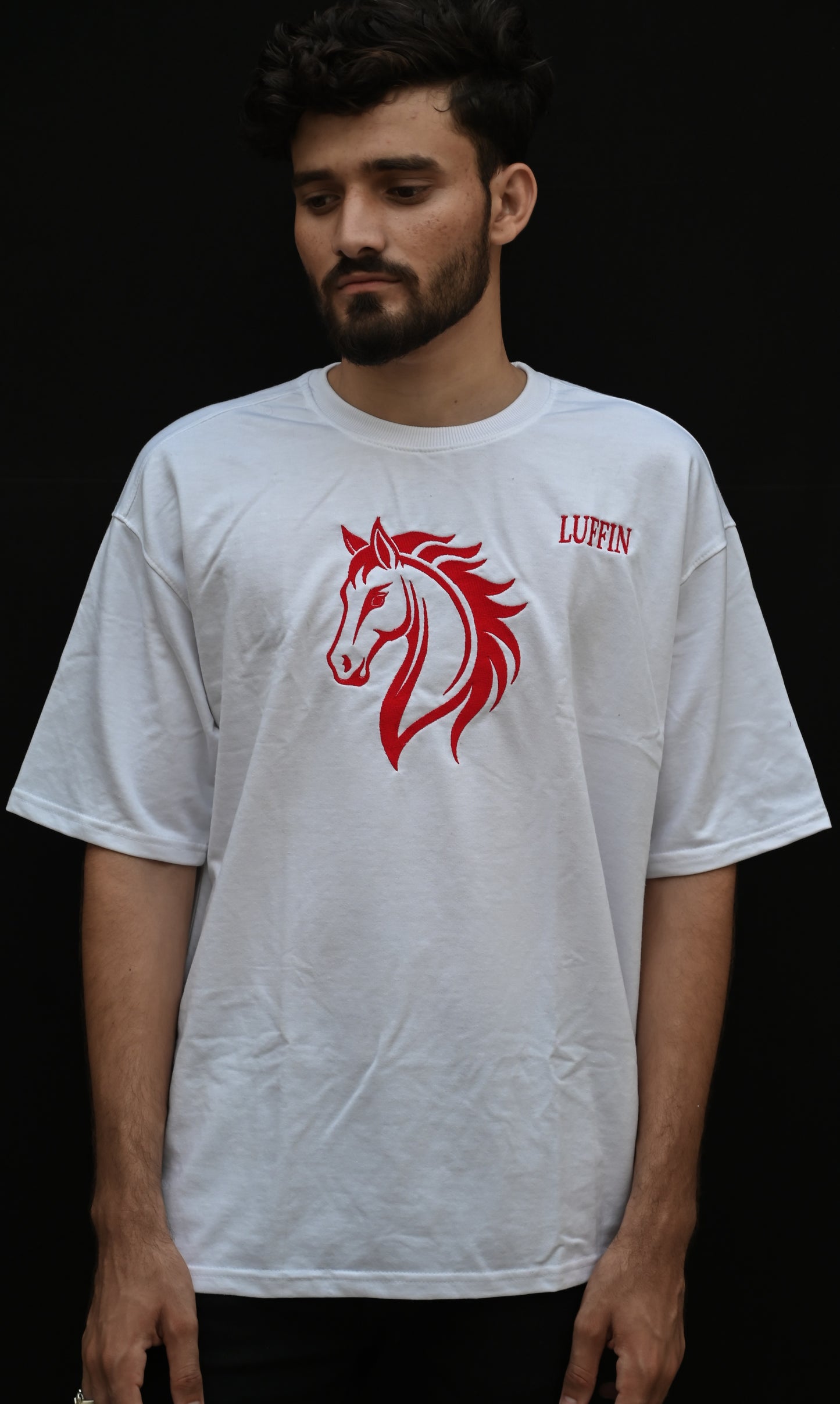 Oversized White T-Shirt – Bold Horse Stitch & Branding