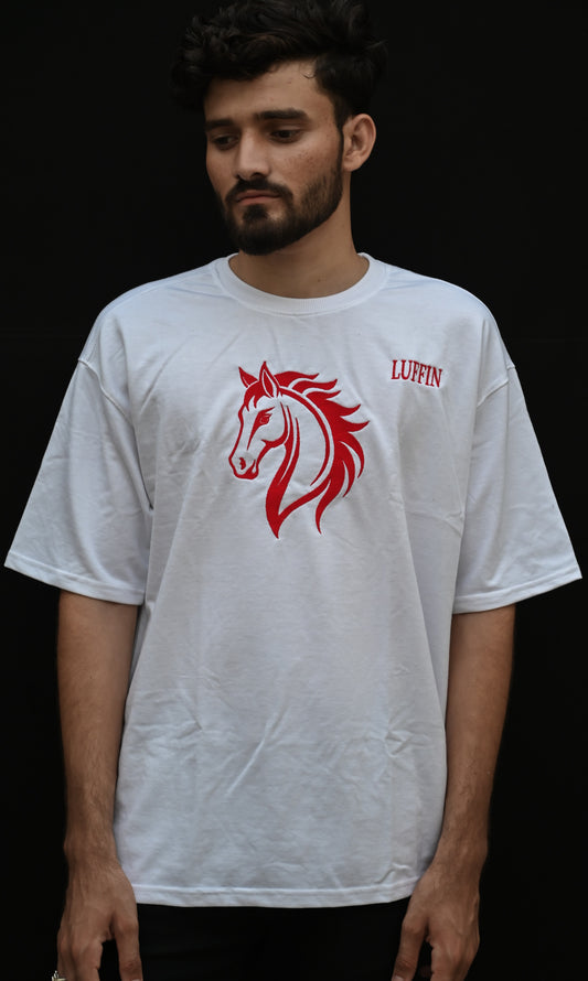 Oversized White T-Shirt – Bold Horse Stitch & Branding